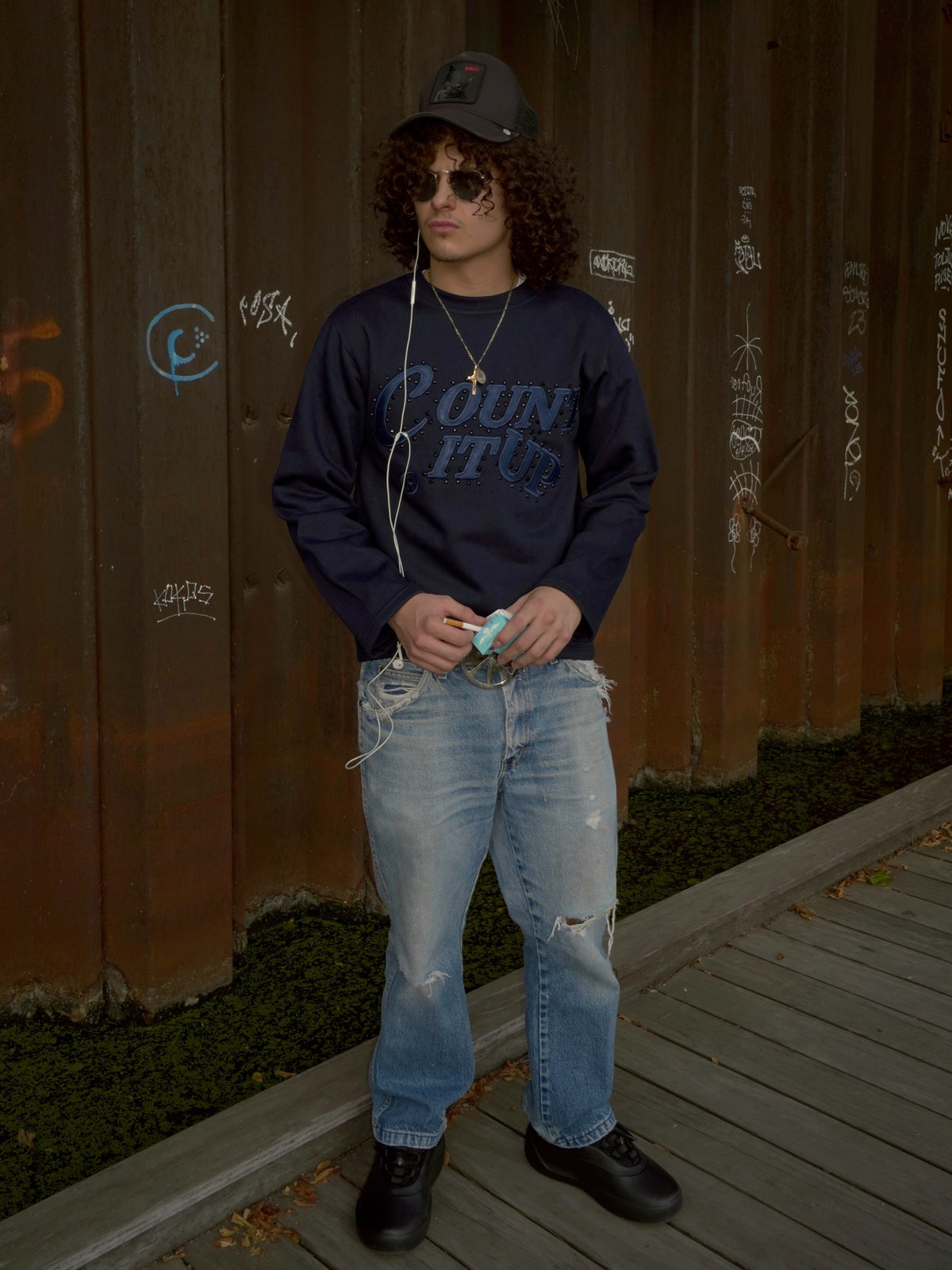 Navy Blue Rhine Stone Crew Neck