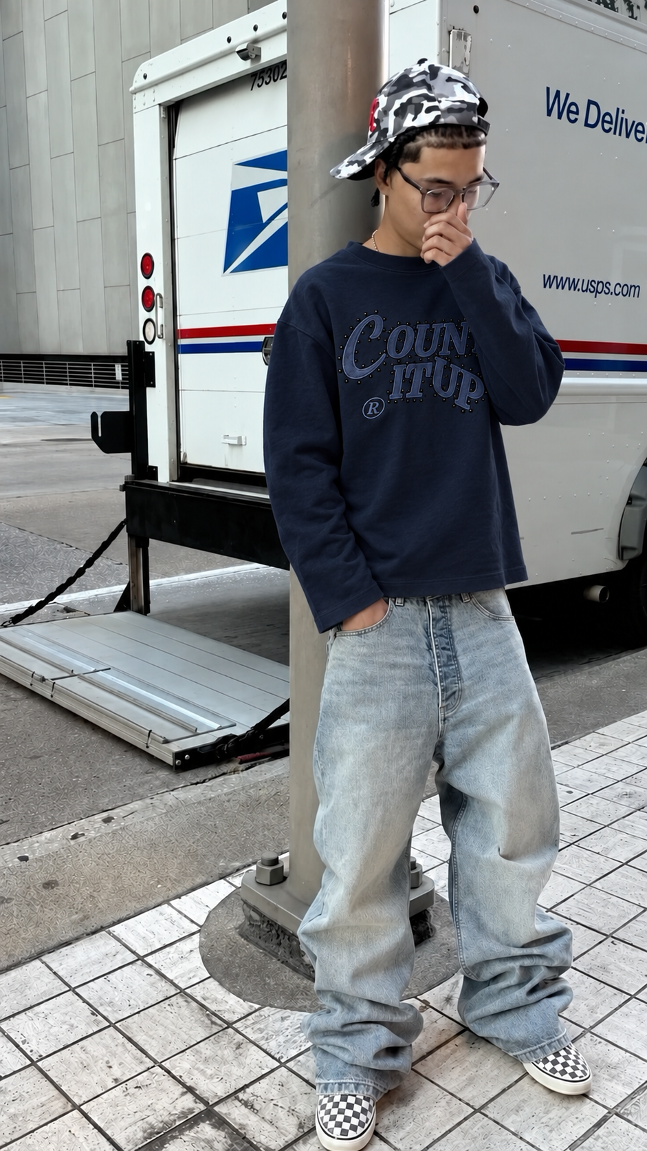 Navy Blue Rhine Stone Crew Neck